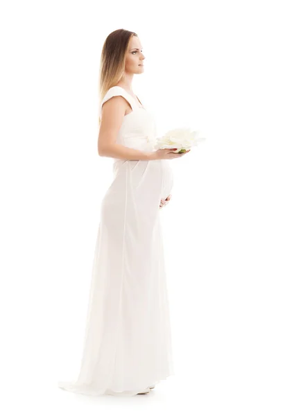 Έγκυος γυναίκα εκμετάλλευση λευκό λουλούδι — Φωτογραφία Αρχείου