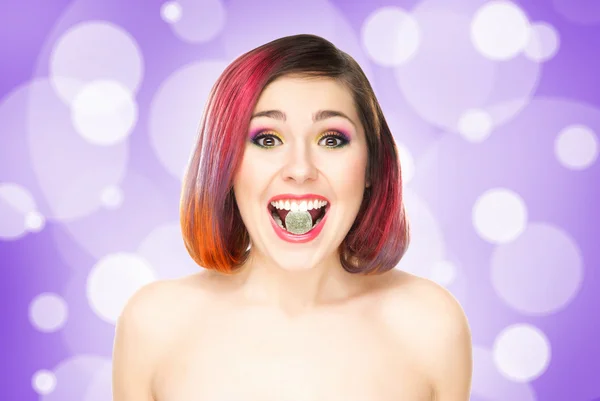 Girl with jelly in mouth — Stock Photo, Image