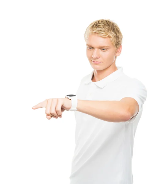 Boy pushing imaginary button — Stock Photo, Image