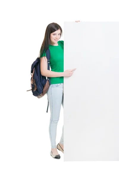 Studentessa holding blank banner — Foto Stock