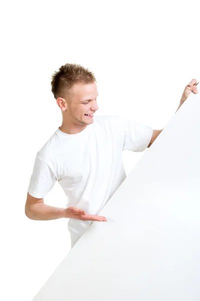 Homem segurando banner em branco — Fotografia de Stock