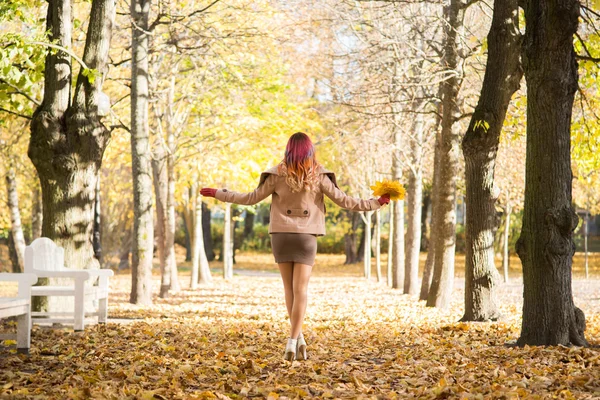 漂亮的女孩走在公园与叶一束 — 图库照片