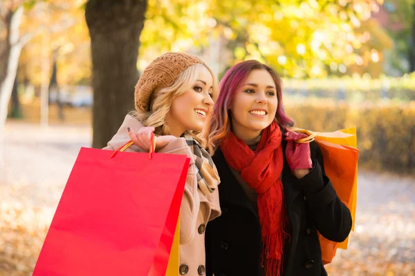 Two girls having a pleasant talk while walking the autumn park — Stock Photo, Image