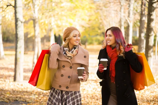 Duas mulheres bonitas ter uma conversa relaxante com café depois de fazer compras andando no parque de outono — Fotografia de Stock