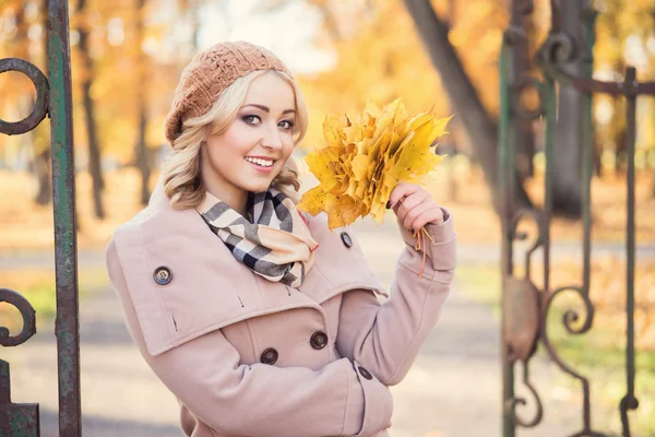 年轻漂亮的女人很幸福的叶子一束 — 图库照片