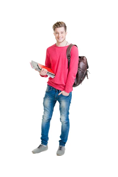 Adolescente estudante segurando saco e livros isolados em branco — Fotografia de Stock