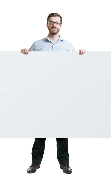 Happy man in formalwear with a beard holding a banner on isolated background Stock Picture