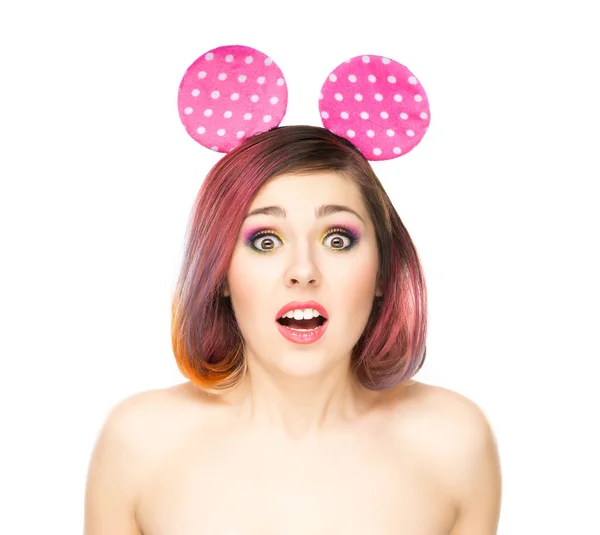 Surprised woman in mickey mouse ears — Stock Photo, Image