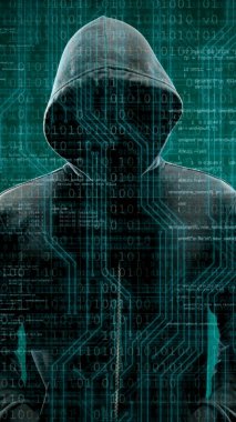 Dijital arka plan üzerinde anonim bilgisayar korsanı. Gizlenmiş karanlık yüz maskesi ve hood. Veri hırsız, internet saldırı, darknet dolandırıcılık, tehlikeli bir virüs ve siber güvenlik kavramı.