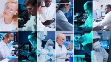 Teknoloji ve tıbbi konsept. Bilim adamları, laboratuvar ekipmanları ve biyomedikal yenilikler ve klinik çalışmalarda mikroskoplar. Eğitici içerik için ideal. Dikey videolardan oluşan kolaj.