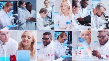 Teknoloji ve tıbbi konsept. Bilim adamları, laboratuvar ekipmanları ve biyomedikal yenilikler ve klinik çalışmalarda mikroskoplar. Eğitici içerik için ideal. Dikey videolardan oluşan kolaj.