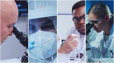 Teknoloji ve tıbbi konsept. Bilim adamları, laboratuvar ekipmanları ve biyomedikal yenilikler ve klinik çalışmalarda mikroskoplar. Eğitici içerik için ideal. Dikey videolardan oluşan kolaj.