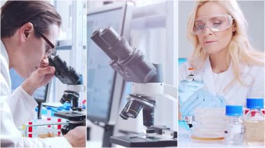 Teknoloji ve tıbbi konsept. Bilim adamları, laboratuvar ekipmanları ve biyomedikal yenilikler ve klinik çalışmalarda mikroskoplar. Eğitici içerik için ideal. Dikey videolardan oluşan kolaj.