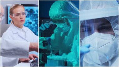 Teknoloji ve tıbbi konsept. Bilim adamları, laboratuvar ekipmanları ve biyomedikal yenilikler ve klinik çalışmalarda mikroskoplar. Eğitici içerik için ideal. Dikey videolardan oluşan kolaj.