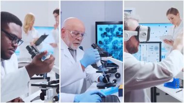 Teknoloji ve tıbbi konsept. Bilim adamları, laboratuvar ekipmanları ve biyomedikal yenilikler ve klinik çalışmalarda mikroskoplar. Eğitici içerik için ideal. Dikey videolardan oluşan kolaj.