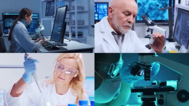 Bilim adamları, laboratuvar ekipmanları ve biyomedikal yenilikler ve klinik çalışmalarda mikroskoplar. Teknoloji ve tıbbi konsept. Eğitici içerik için ideal. Kolaj.