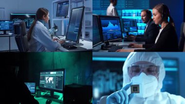 Bilim adamları, laboratuvar ekipmanları ve biyomedikal yenilikler ve klinik çalışmalarda mikroskoplar. Teknoloji ve tıbbi konsept. Eğitici içerik için ideal. Kolaj.