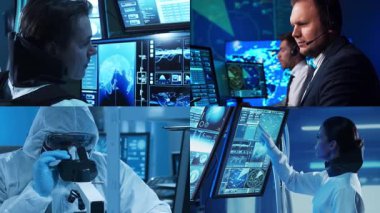 Teknoloji, uzay keşfi ve tıbbi konsept. Bilimadamları, astronotlar, laboratuvar ekipmanları ve biyomedikal yenilikler ve klinik çalışmalarda mikroskoplar. Eğitici içerik için ideal. Kolaj.