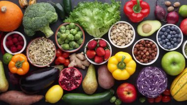 Sağlıklı yiyecekler: taze sebzeler, meyveler ve süper yiyecekler. Temiz yemek ve detoks. Beslenme, diyet, vejetaryen gıda konsepti.