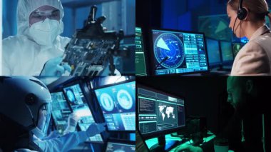 Bilim adamları, laboratuvar ekipmanları ve biyomedikal yenilikler ve klinik çalışmalarda mikroskoplar. Teknoloji ve tıbbi konsept. Eğitici içerik için ideal. Kolaj.