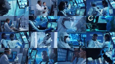 Teknoloji, uzay keşfi ve tıbbi konsept. Bilimadamları, astronotlar, laboratuvar ekipmanları ve biyomedikal yenilikler ve klinik çalışmalarda mikroskoplar. Eğitici içerik için ideal. Kolaj.