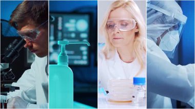 Teknoloji ve tıbbi konsept. Bilim adamları, laboratuvar ekipmanları ve biyomedikal yenilikler ve klinik çalışmalarda mikroskoplar. Eğitici içerik için ideal. Dikey videolardan oluşan kolaj.