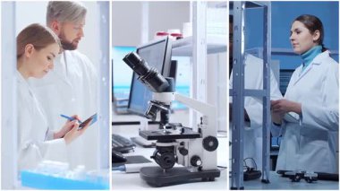 Teknoloji ve tıbbi konsept. Bilim adamları, laboratuvar ekipmanları ve biyomedikal yenilikler ve klinik çalışmalarda mikroskoplar. Eğitici içerik için ideal. Dikey videolardan oluşan kolaj.