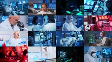 Teknoloji, uzay keşfi ve tıbbi konsept. Bilimadamları, astronotlar, laboratuvar ekipmanları ve biyomedikal yenilikler ve klinik çalışmalarda mikroskoplar. Eğitici içerik için ideal. Kolaj.