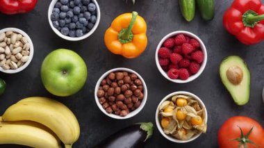 Sağlıklı yiyecekler: taze sebzeler, meyveler ve süper yiyecekler. Temiz yemek ve detoks. Beslenme, diyet, vejetaryen gıda konsepti.