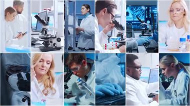Teknoloji ve tıbbi konsept. Bilim adamları, laboratuvar ekipmanları ve biyomedikal yenilikler ve klinik çalışmalarda mikroskoplar. Eğitici içerik için ideal. Dikey videolardan oluşan kolaj.