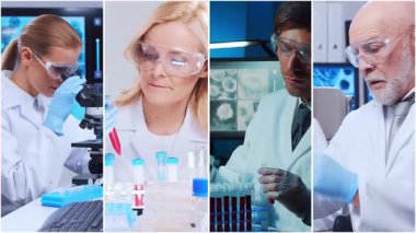 Teknoloji ve tıbbi konsept. Bilim adamları, laboratuvar ekipmanları ve biyomedikal yenilikler ve klinik çalışmalarda mikroskoplar. Eğitici içerik için ideal. Dikey videolardan oluşan kolaj.