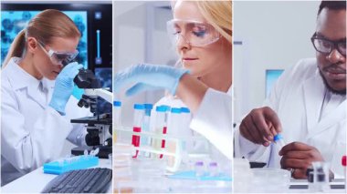 Teknoloji ve tıbbi konsept. Bilim adamları, laboratuvar ekipmanları ve biyomedikal yenilikler ve klinik çalışmalarda mikroskoplar. Eğitici içerik için ideal. Dikey videolardan oluşan kolaj.