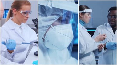 Teknoloji ve tıbbi konsept. Bilim adamları, laboratuvar ekipmanları ve biyomedikal yenilikler ve klinik çalışmalarda mikroskoplar. Eğitici içerik için ideal. Dikey videolardan oluşan kolaj.