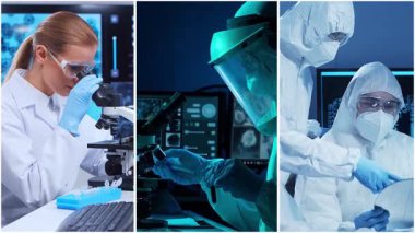 Teknoloji ve tıbbi konsept. Bilim adamları, laboratuvar ekipmanları ve biyomedikal yenilikler ve klinik çalışmalarda mikroskoplar. Eğitici içerik için ideal. Dikey videolardan oluşan kolaj.