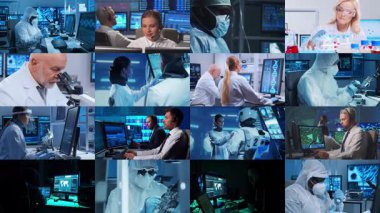 Teknoloji, uzay keşfi ve tıbbi konsept. Bilimadamları, astronotlar, laboratuvar ekipmanları ve biyomedikal yenilikler ve klinik çalışmalarda mikroskoplar. Eğitici içerik için ideal. Kolaj.