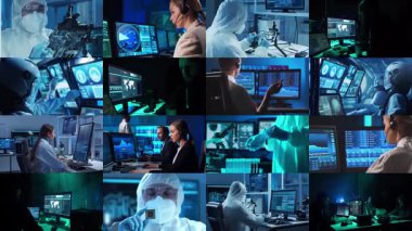 Teknoloji, uzay keşfi ve tıbbi konsept. Bilimadamları, astronotlar, laboratuvar ekipmanları ve biyomedikal yenilikler ve klinik çalışmalarda mikroskoplar. Eğitici içerik için ideal. Kolaj.