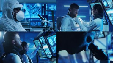 Teknoloji, uzay keşfi ve tıbbi konsept. Bilimadamları, astronotlar, laboratuvar ekipmanları ve biyomedikal yenilikler ve klinik çalışmalarda mikroskoplar. Eğitici içerik için ideal. Kolaj.