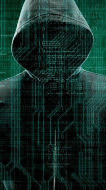 Maske ve kapüşonlu ikili arka plan üzerinde bilgisayar korsanı. Gizlenmiş karanlık yüzü. Veri hırsız, internet dolandırıcılık, darknet ve siber güvenlik kavramı.