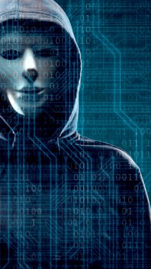 Maske ve kapüşonlu ikili arka plan üzerinde bilgisayar korsanı. Gizlenmiş karanlık yüzü. Veri hırsız, internet dolandırıcılık, darknet ve siber güvenlik kavramı.