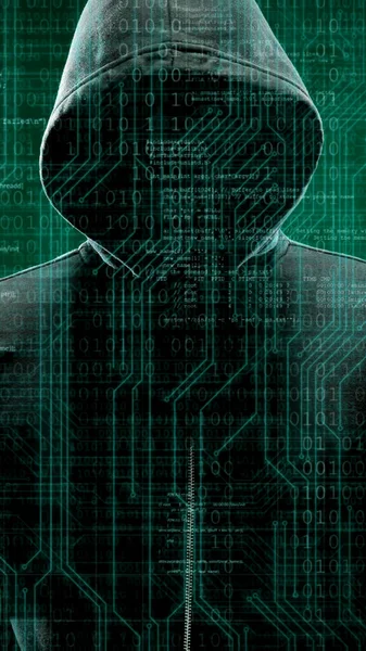 Maske ve kapüşonlu ikili arka plan üzerinde bilgisayar korsanı. Gizlenmiş karanlık yüzü. Veri hırsız, internet dolandırıcılık, darknet ve siber güvenlik kavramı.