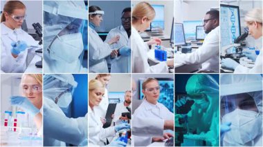 Teknoloji ve tıbbi konsept. Bilim adamları, laboratuvar ekipmanları ve biyomedikal yenilikler ve klinik çalışmalarda mikroskoplar. Eğitici içerik için ideal. Dikey videolardan oluşan kolaj.