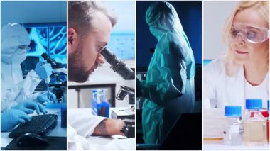 Teknoloji ve tıbbi konsept. Bilim adamları, laboratuvar ekipmanları ve biyomedikal yenilikler ve klinik çalışmalarda mikroskoplar. Eğitici içerik için ideal. Dikey videolardan oluşan kolaj.