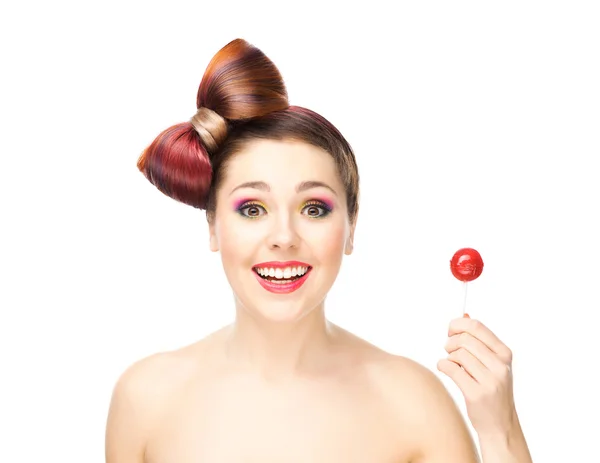 Attraktiva happy girl lollipop — Stockfoto