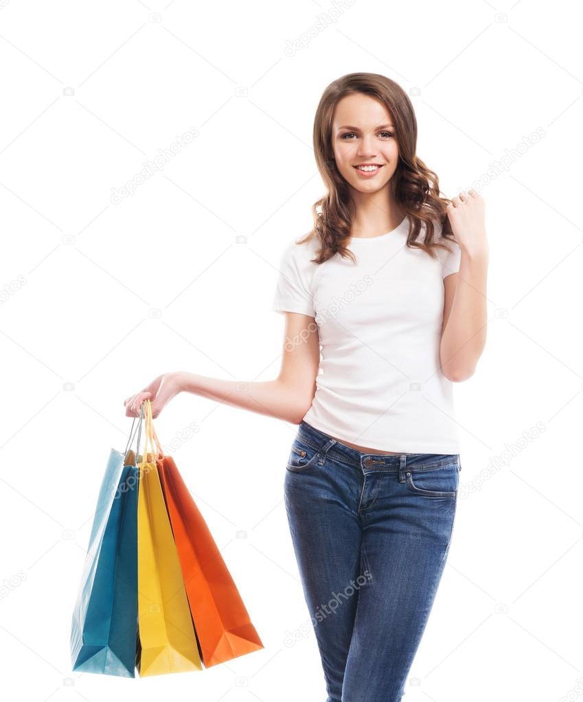 teenage girl with bright shopping bags