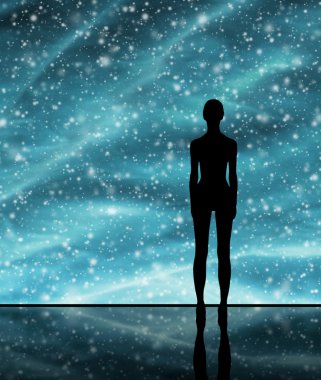 Noel arka plan. Kış gökyüzünde, kar taneleri ve yıldız