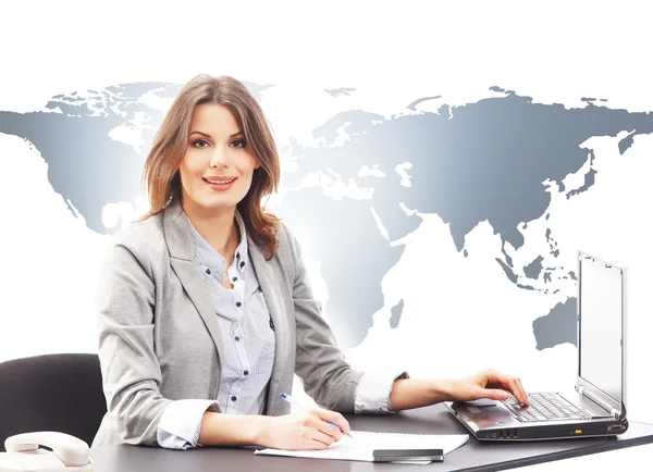 Beautiful business woman typing on laptops keyboard in office — Stock Photo, Image