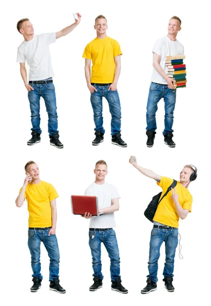 Conjunto de menino bonito da escola se divertindo em fundo isolado — Fotografia de Stock