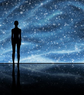 Noel arka plan. Kış gökyüzünde, kar taneleri ve yıldız