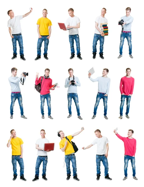 Collection of young handsome male students having fun on isolated background — Stock Photo, Image