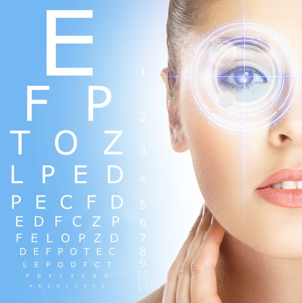 Close-up of woman with laser optometry over blue background — Stock Photo, Image